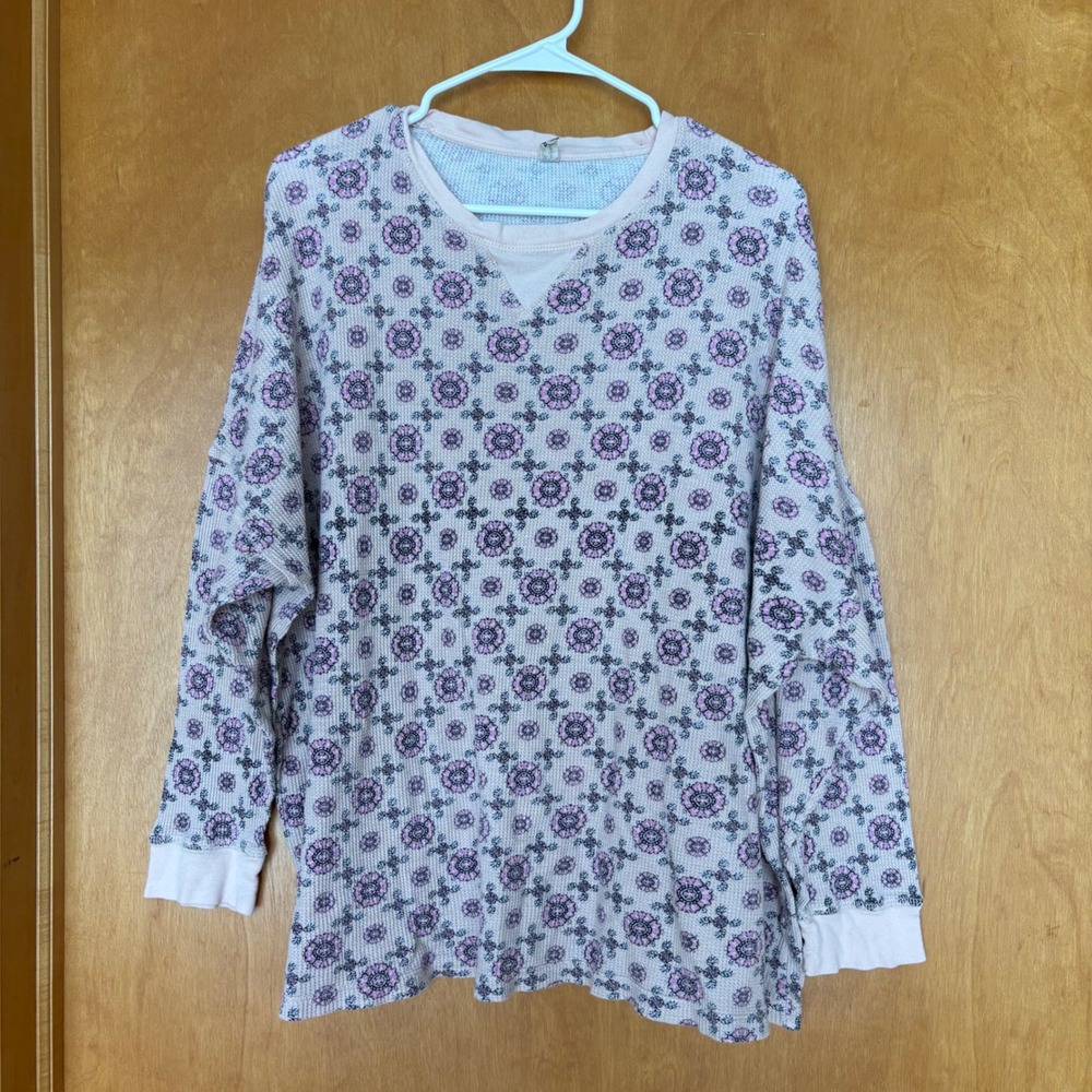Free People Floral Thermal Long Sleeve Top XS Pink‎ Purple V-Neck Waffle Knit